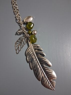 Paparazzi Silver Feather Pendant Necklace with Olive Beads and Matching Earrings